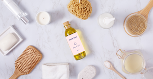Boob Tape Removal Oil, Essential Oils, Getting ready essentials, hair brush, towel, candle